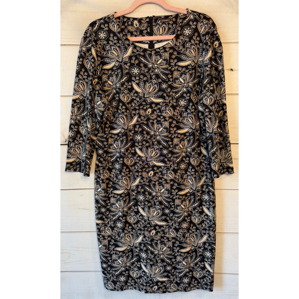 J.McLaughlin Black Tan Floral Catalina Cloth Sheath Dress XL 3/4 Sleeve Batik